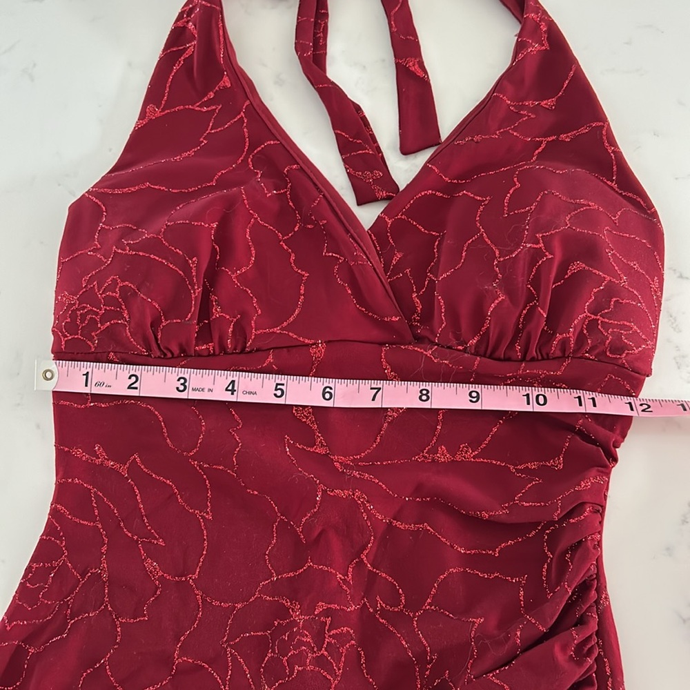 Mariposa Red Sparkly Halter Mini-Dress, V-neck. Size Small - Picture 8 of 13